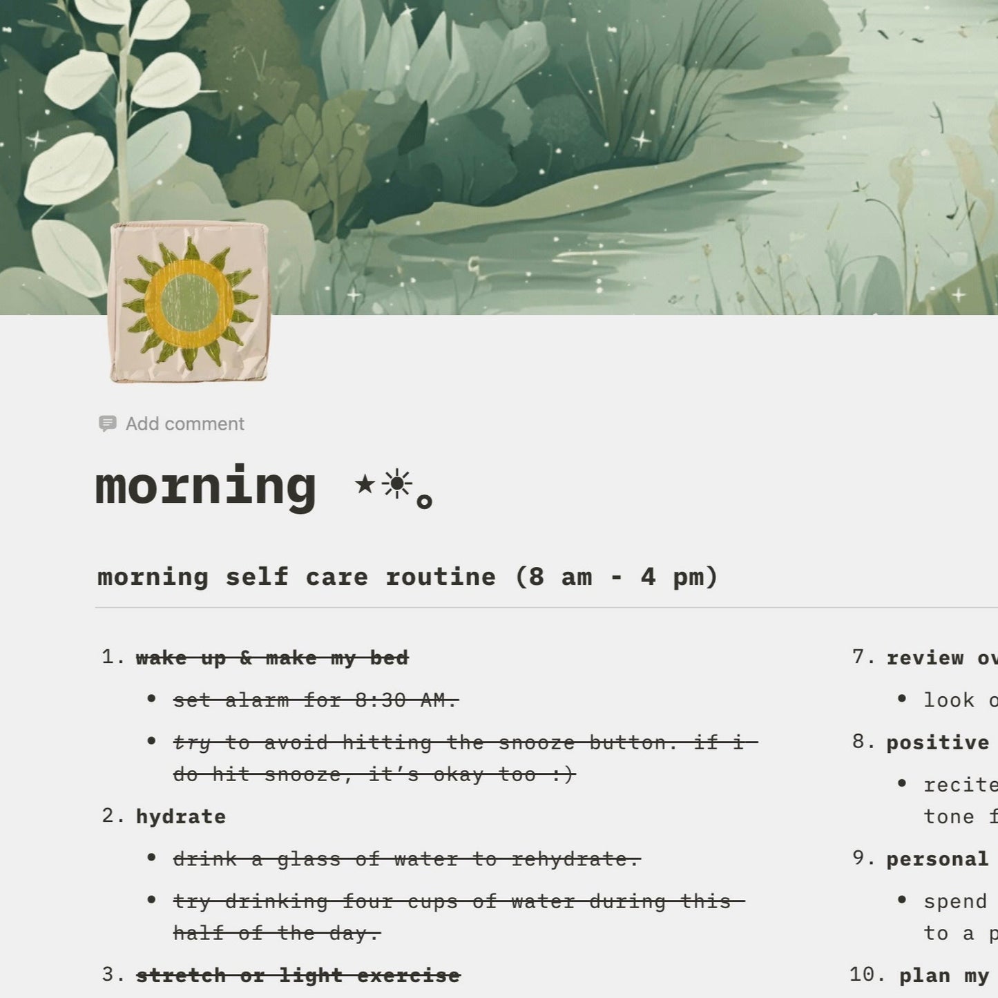 morning & evening routine - sage green themed notion template