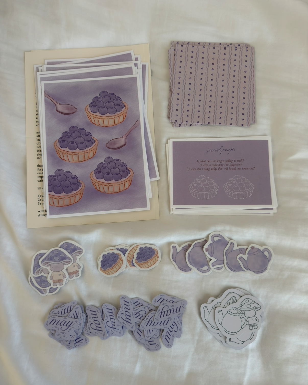 blueberry art print with a matching mini art print and three blue themed stickers with two journaling cards