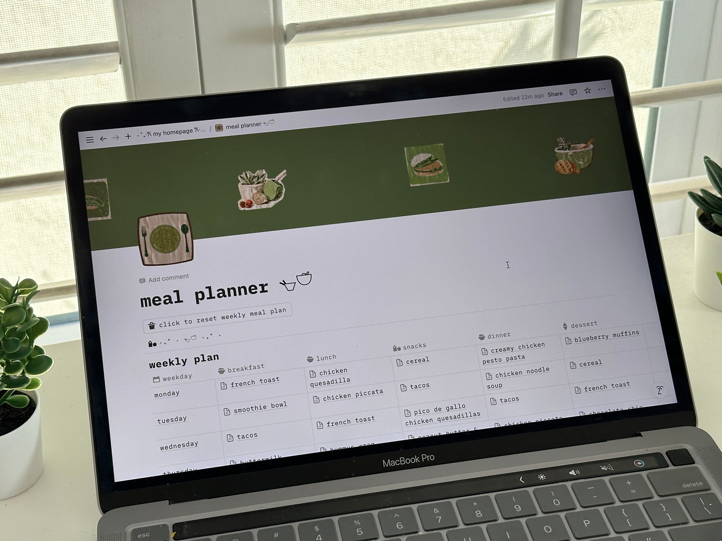 meal planner - sage green themed notion template