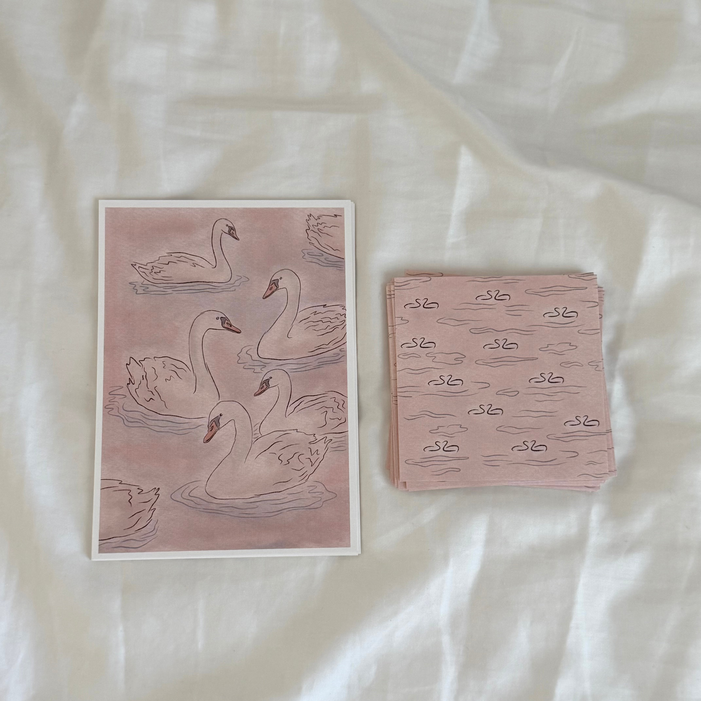 A 5x7 swan art print paired with a matching 4x4 dainty patterned print in soft pink tones.