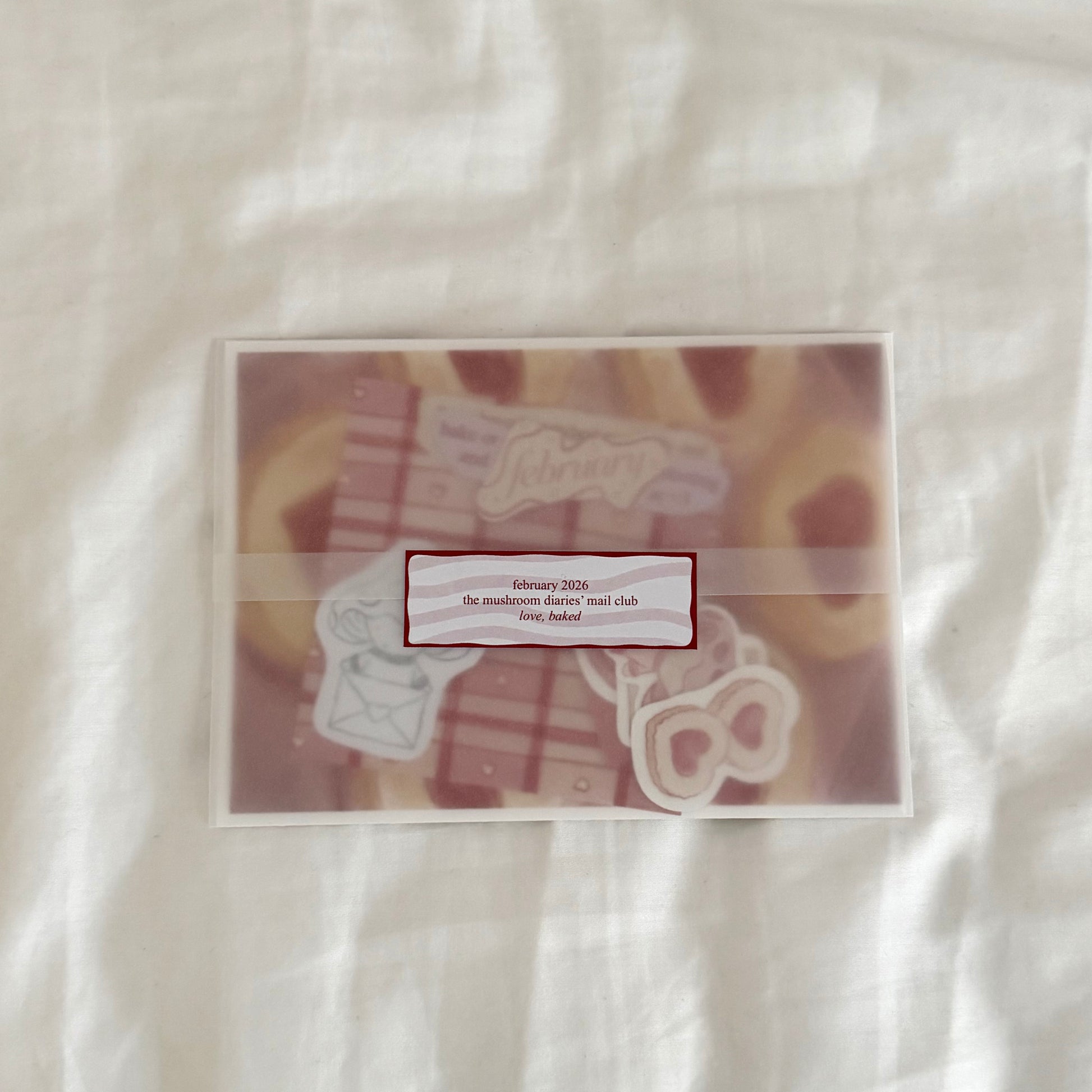 Envelope containing a 5x7 cookie art print, a 4x4 matching dainty patterned art print in red tones, five matte vinyl stickers, journal prompts, an activity prompt, a mini coloring card of a mushroom character (marker bleed-safe), mini cards for journaling