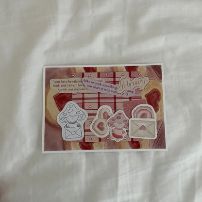 Inside an open envelope: 5x7 cookie print, 4x4 matching patterned print in red tones, five matte stickers, beige and pink journal and activity prompts, a mini mushroom coloring card, mini journaling cards, and three small lined paper hearts.