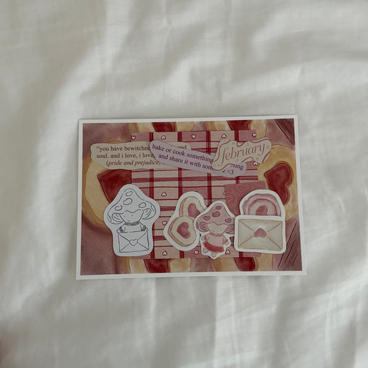 Inside an open envelope: 5x7 cookie print, 4x4 matching patterned print in red tones, five matte stickers, beige and pink journal and activity prompts, a mini mushroom coloring card, mini journaling cards, and three small lined paper hearts.