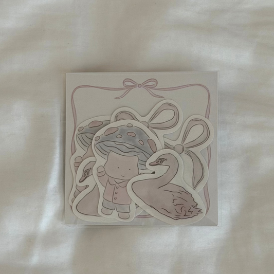 Six-piece sticker set with illustrated designs of a swan, mushroom character, and pink bow (two of each), plus a 3x3 memo paper sheet, packaged in a clear sleeve on a white background.