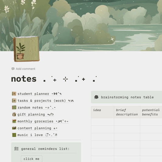 notes - sage green themed notion template