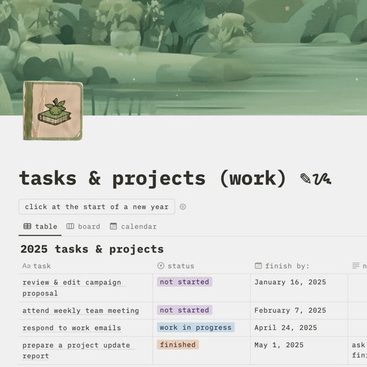 tasks & projects - sage green themed notion template