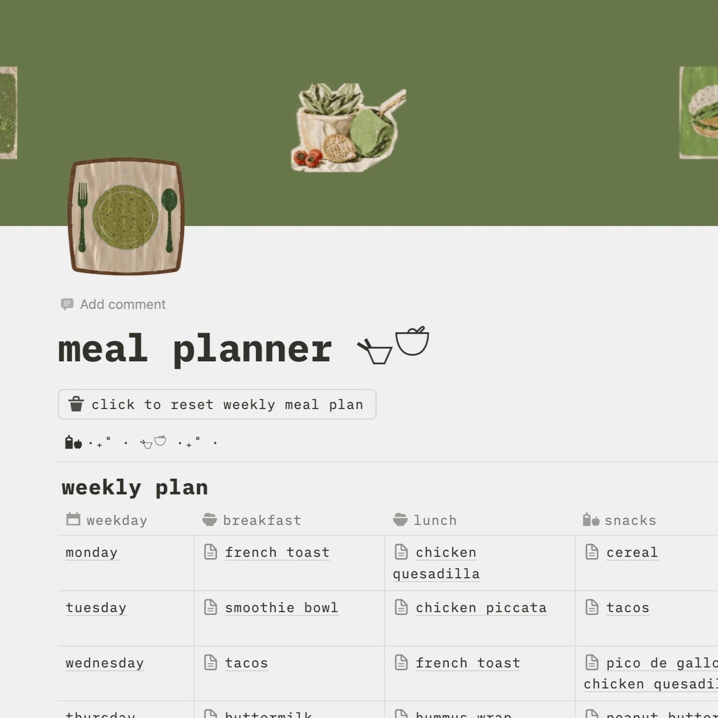 meal planner - sage green themed notion template