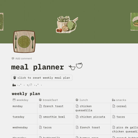 meal planner - sage green themed notion template